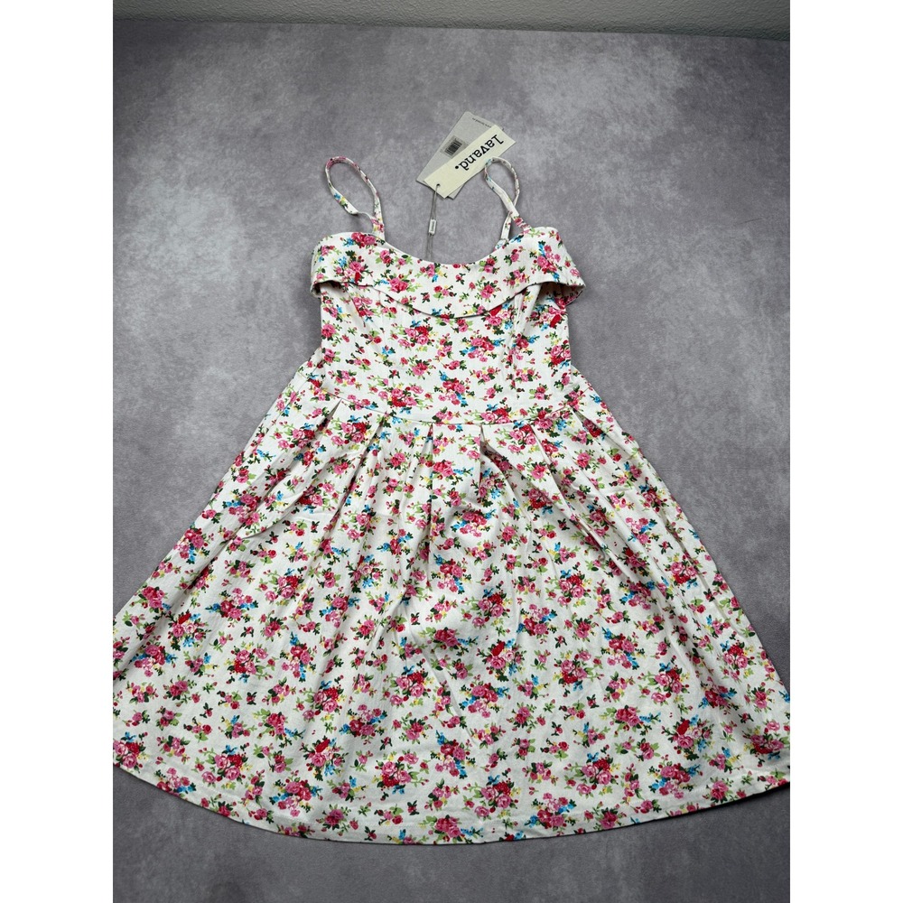 NWT Lavand Women L Floral Fit Flare Mini Dress White Pink Rose Smock Cottagecore